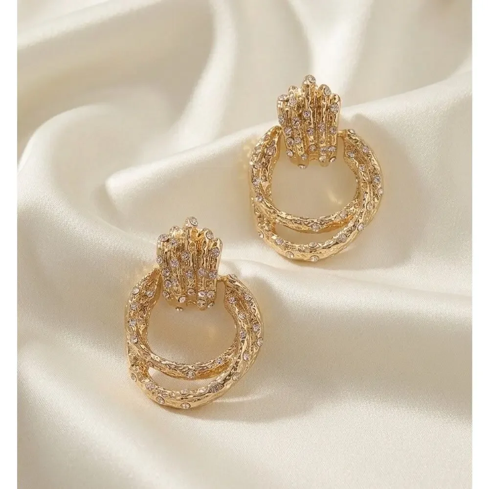 Ettika Hoop Crystal Buckle Pave Link Molten Earrings Boho Hammered CZ VTG - Picture 4 of 8